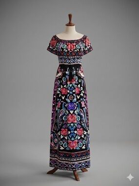 Flying Tomato Bohemian Floral Print Off-the-Shoulder Peacock Maxi Dress Size M